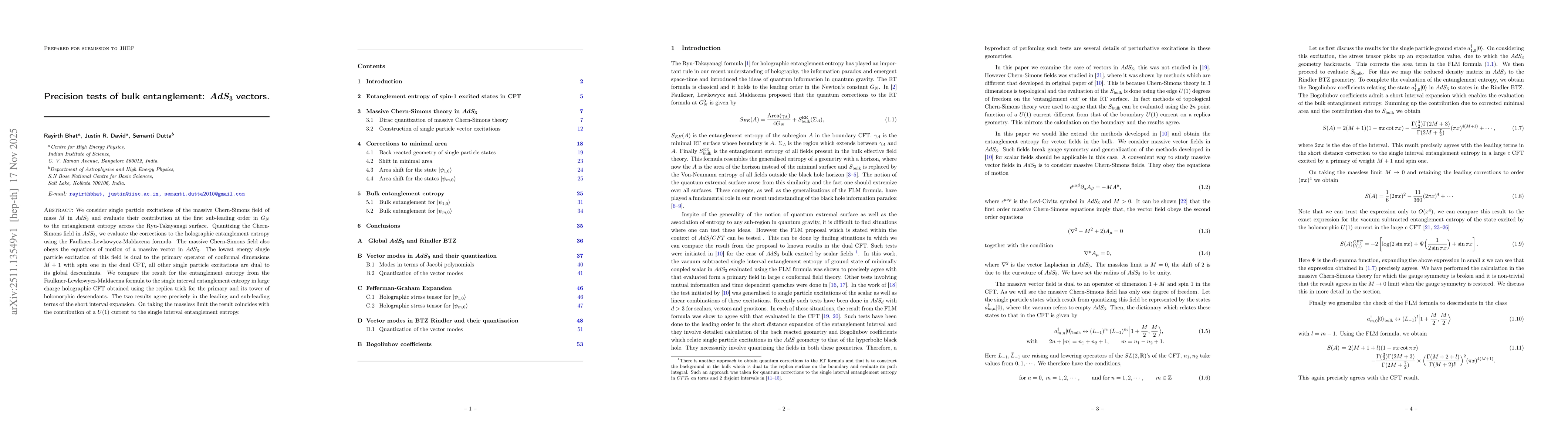Thumbnail for Precision tests of bulk entanglement: AdS3 vectors