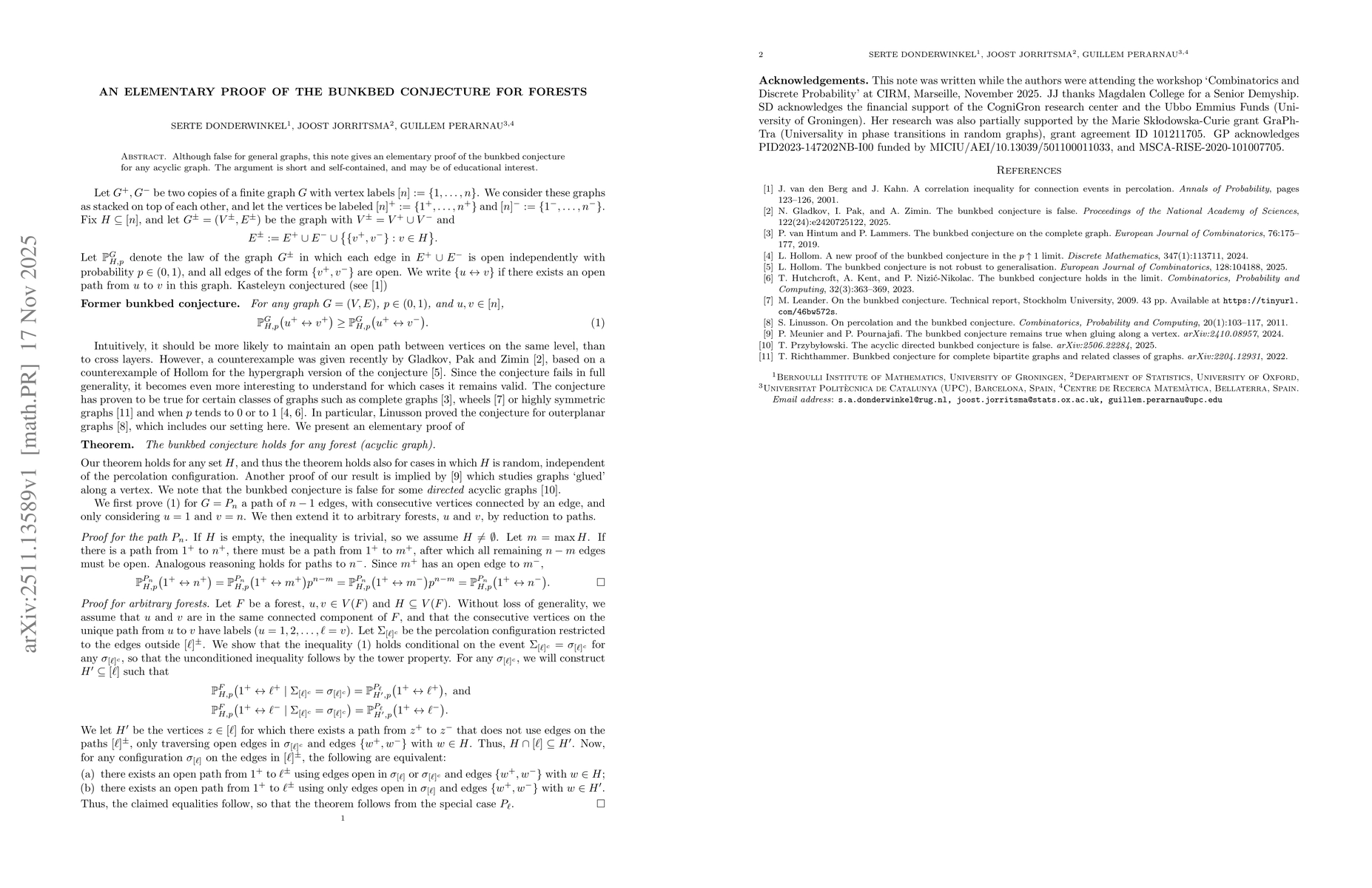 Thumbnail for An elementary proof of the bunkbed conjecture for forests