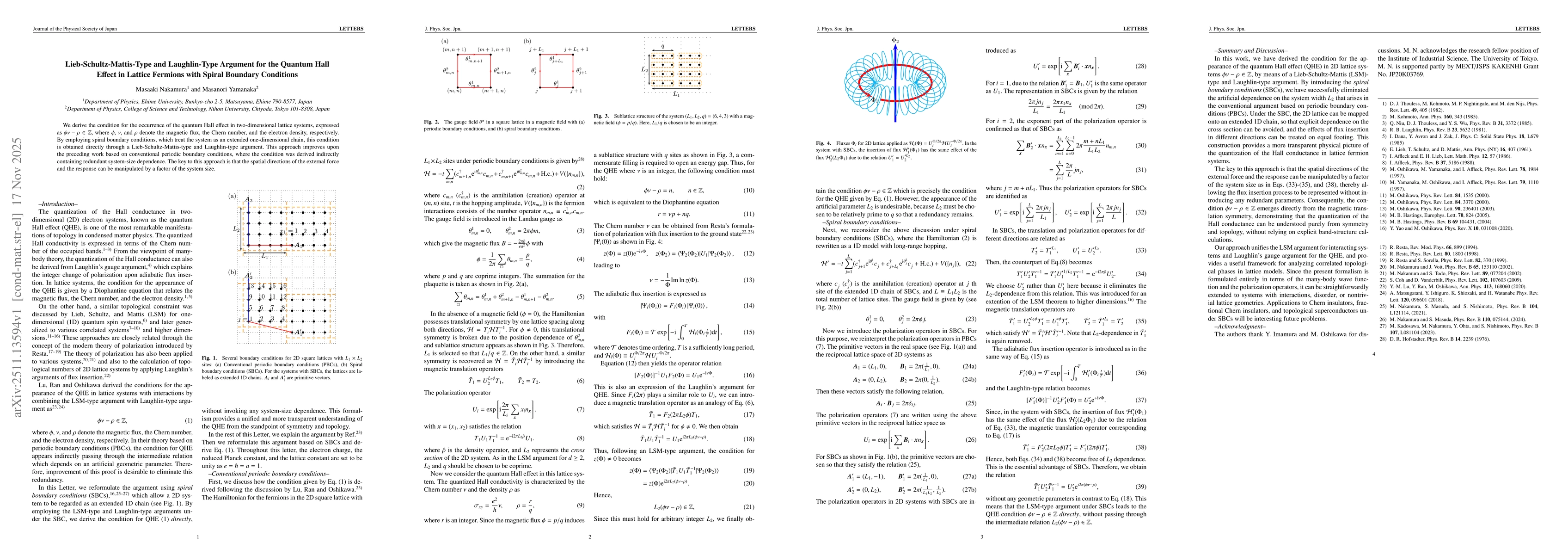 Thumbnail for Lieb-Schultz-Mattis-Type and Laughlin-Type Argument for the Quantum Hall Effect in Lattice Fermions with Spiral Boundary Conditions