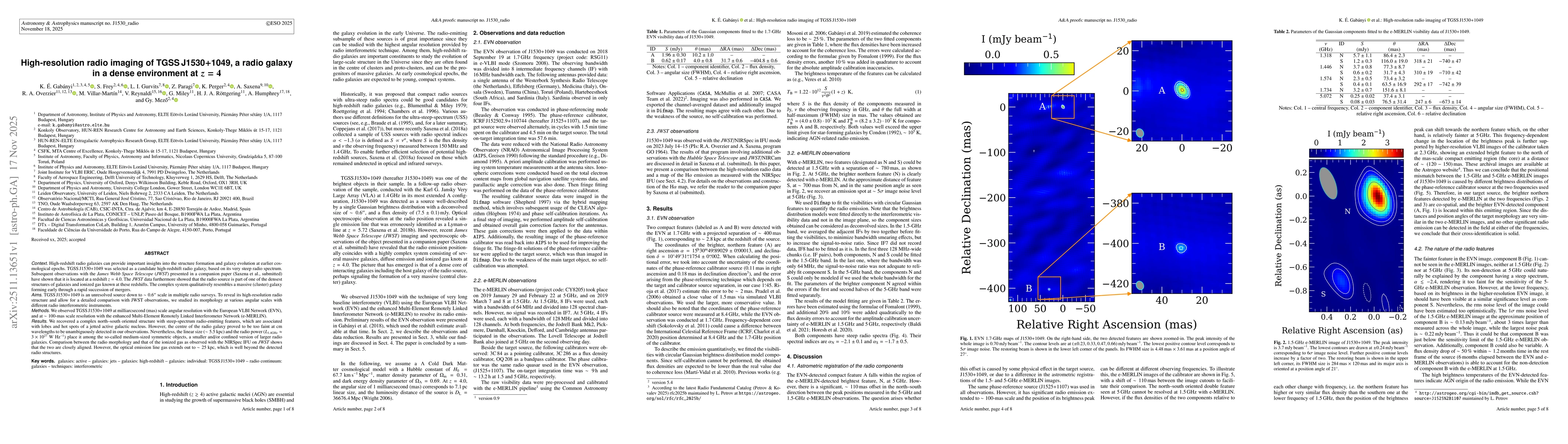 Thumbnail for High-resolution radio imaging of TGSSJ1530+1049, a radio galaxy in a dense environment at z=4