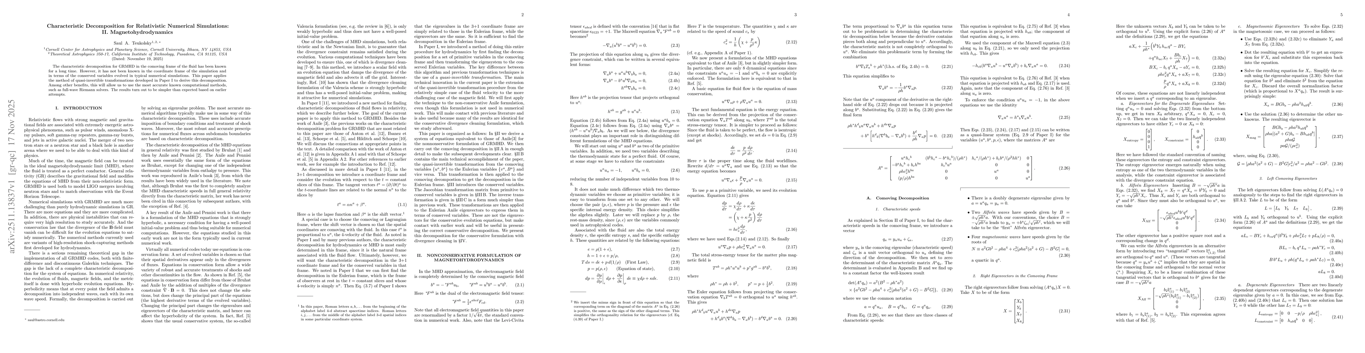 Thumbnail for Characteristic Decomposition for Relativistic Numerical Simulations: II. Magnetohydrodynamics