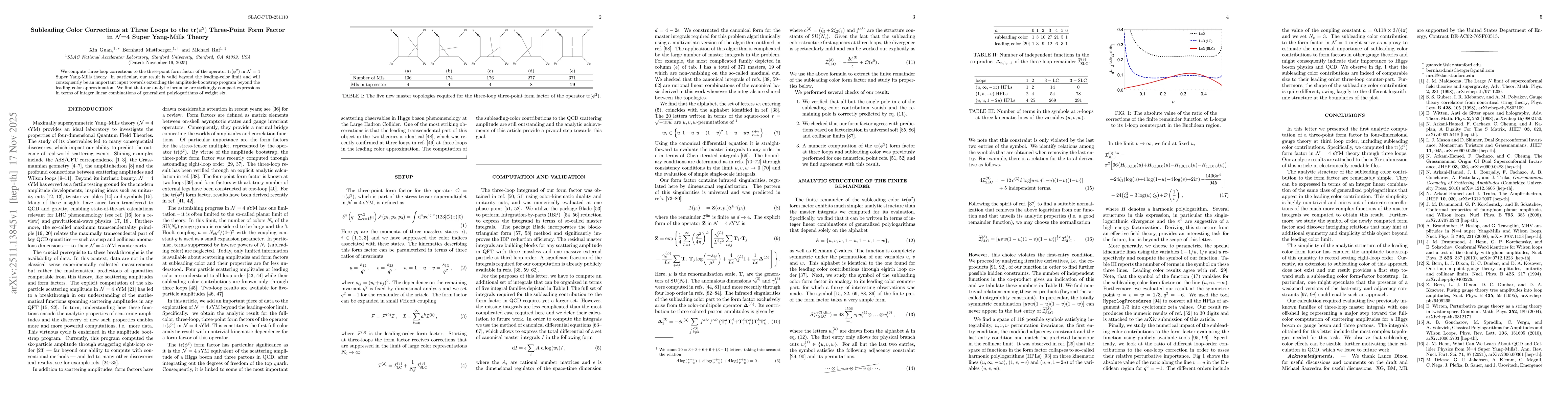 Thumbnail for Subleading Color Corrections at Three Loops to the $\operatorname{tr}(φ^2)$ Three-Point Form Factor in $\mathcal{N} = 4$ Super Yang-Mills Theory