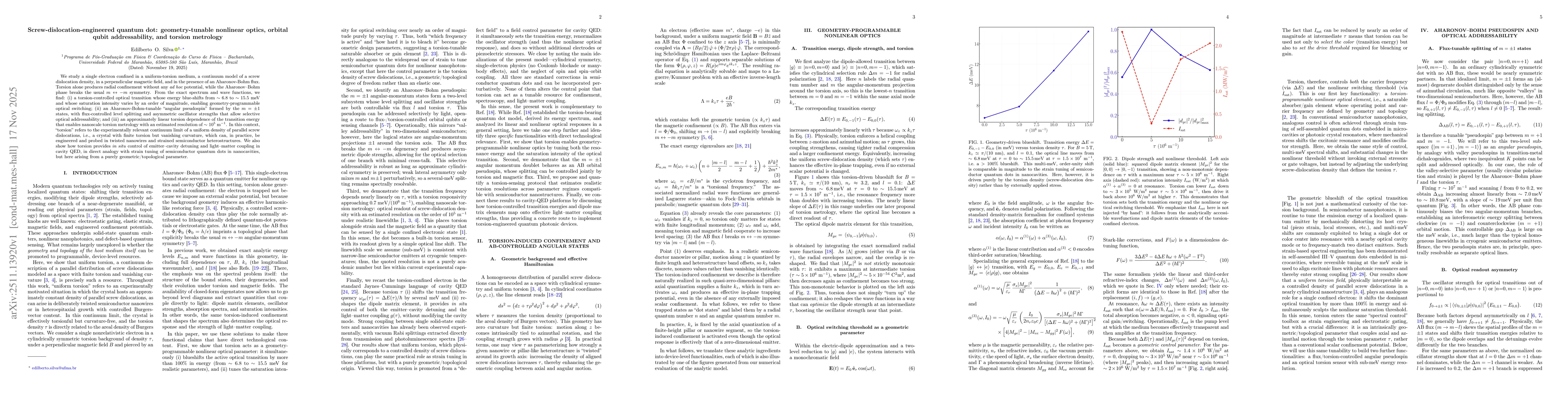 Thumbnail for Screw-dislocation-engineered quantum dot: geometry-tunable nonlinear optics, orbital qubit addressability, and torsion metrology