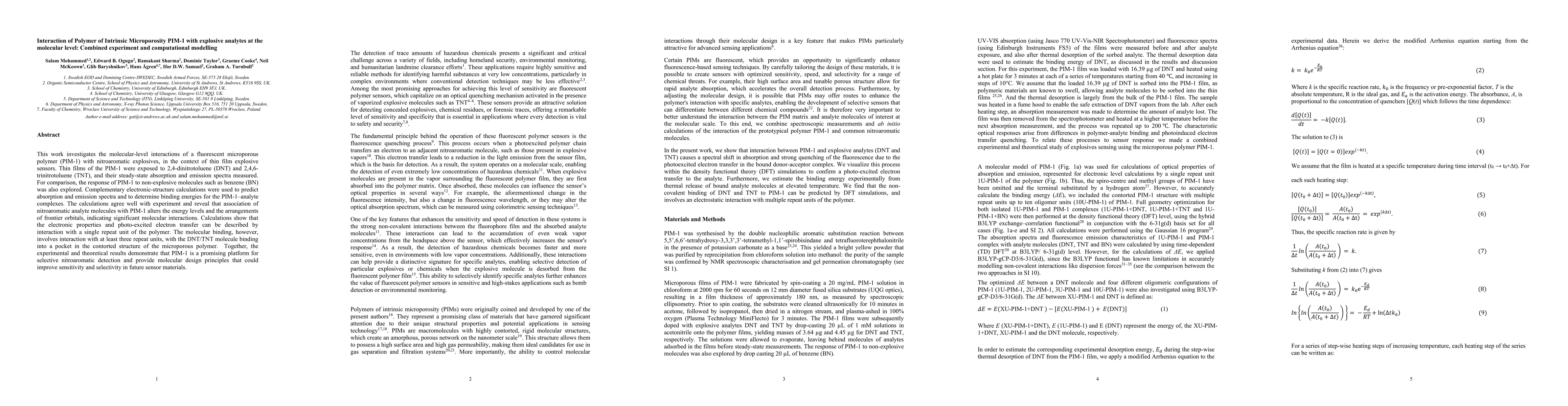 Thumbnail for Interaction of Polymer of Intrinsic Microporosity PIM-1 with explosive analytes at the molecular level: Combined experiment and computational modelling