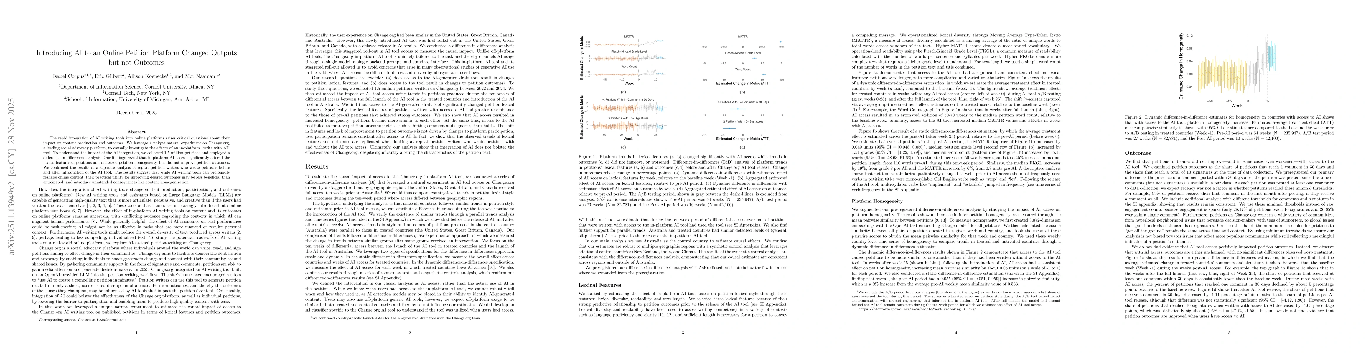 Thumbnail for Introducing AI to an Online Petition Platform Changed Outputs but not Outcomes