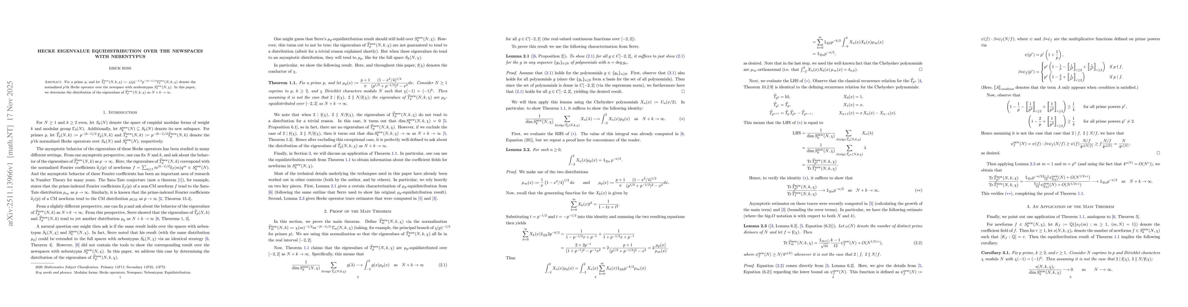 Thumbnail for Hecke Eigenvalue Equidistribution over the Newspaces with Nebentypus