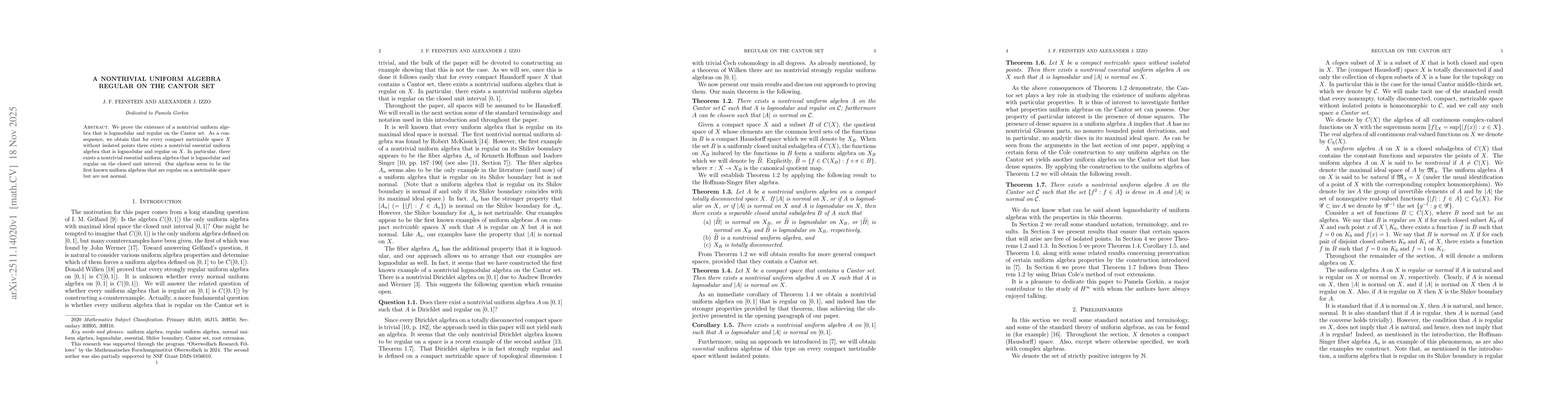 Thumbnail for A nontrivial uniform algebra regular on the Cantor set