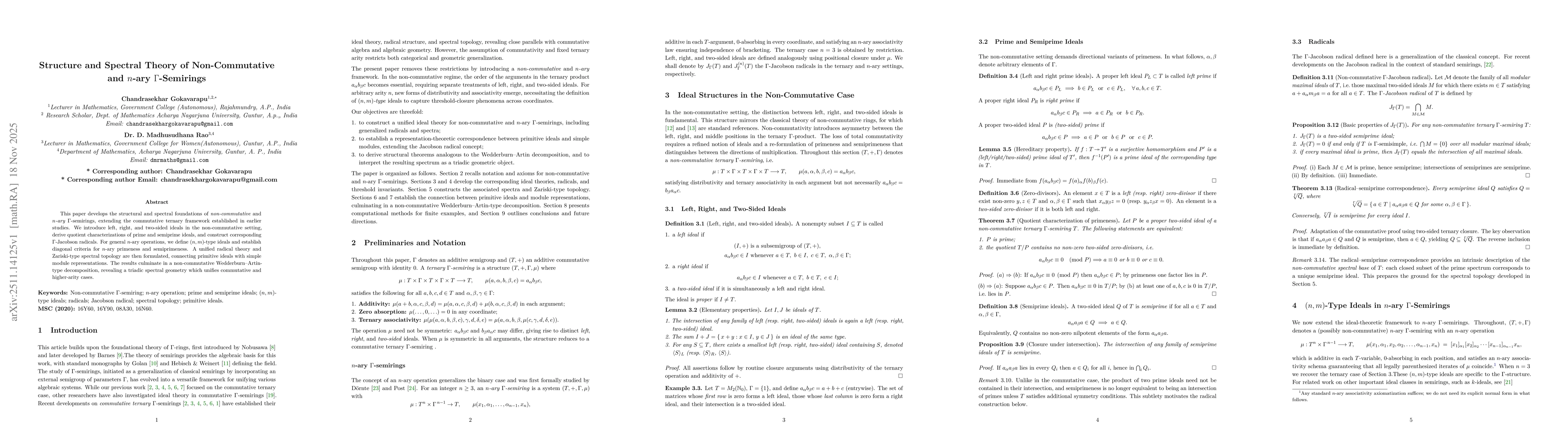 Thumbnail for Structure and Spectral Theory of Non-Commutative and $n$-ary $Γ$-Semirings
