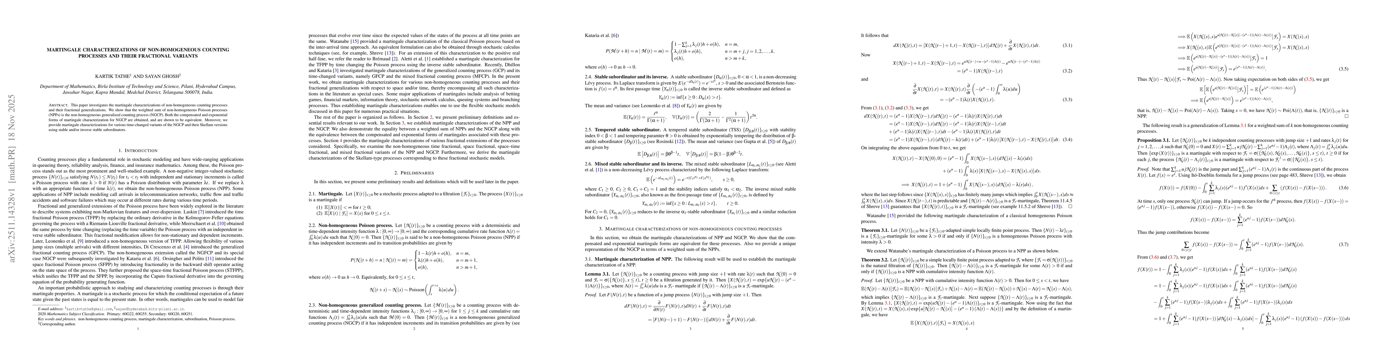 Thumbnail for Martingale Characterizations of Non-Homogeneous Counting Processes and Their Fractional Variants