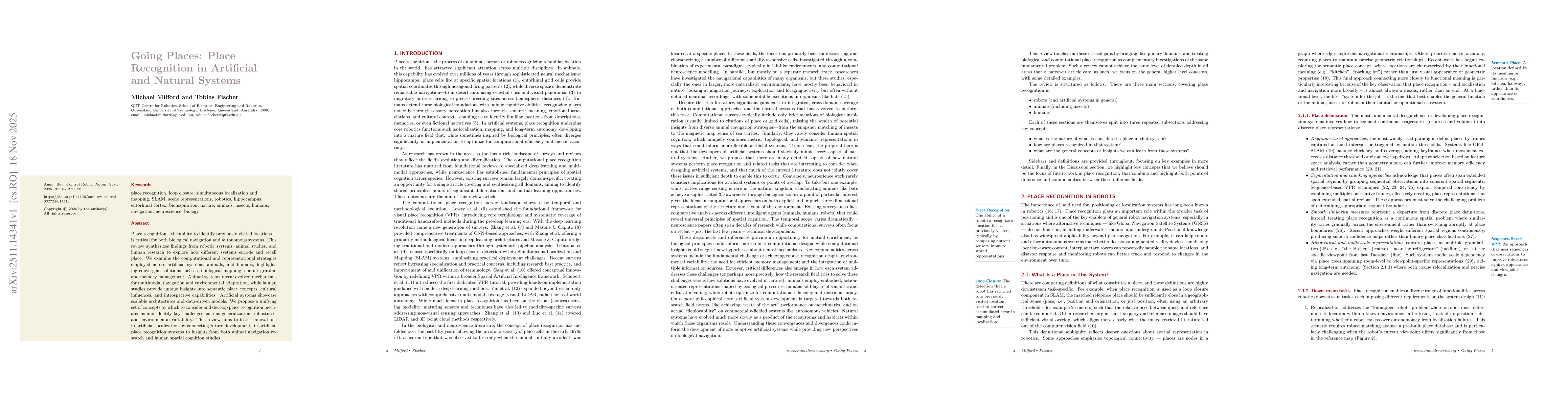 Thumbnail for Going Places: Place Recognition in Artificial and Natural Systems