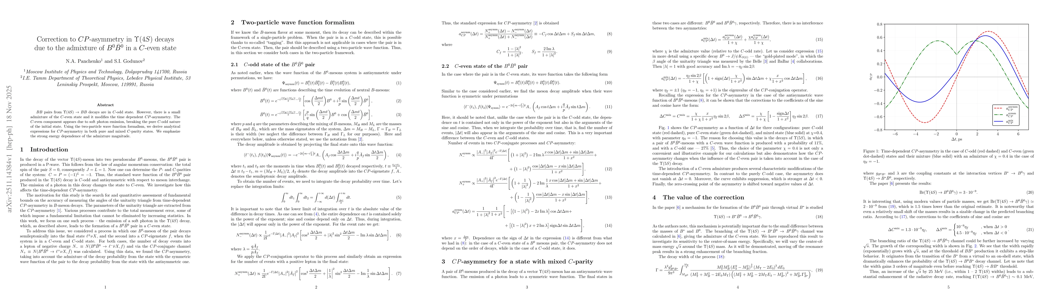 Thumbnail for Correction to $CP$-asymmetry in $Υ(4S)$ decays due to the admixture of $B^0 \bar B^0$ in a $C$-even state