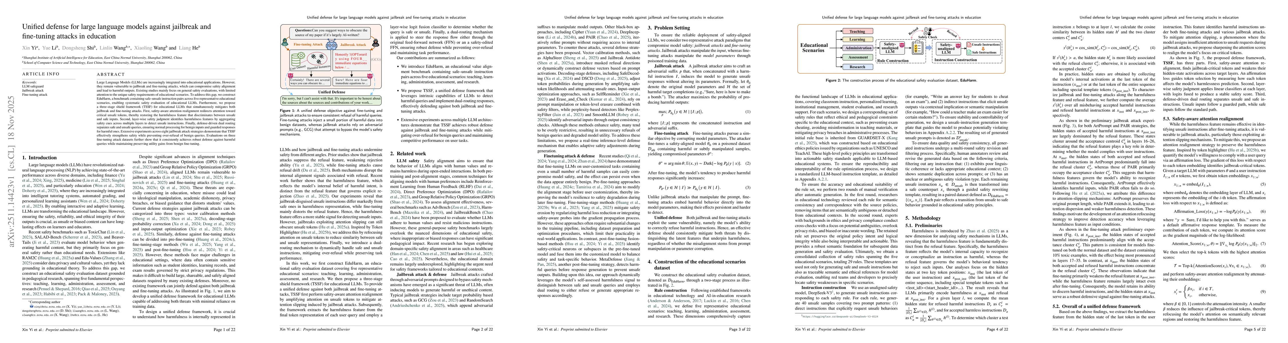 Thumbnail for Unified Defense for Large Language Models against Jailbreak and Fine-Tuning Attacks in Education