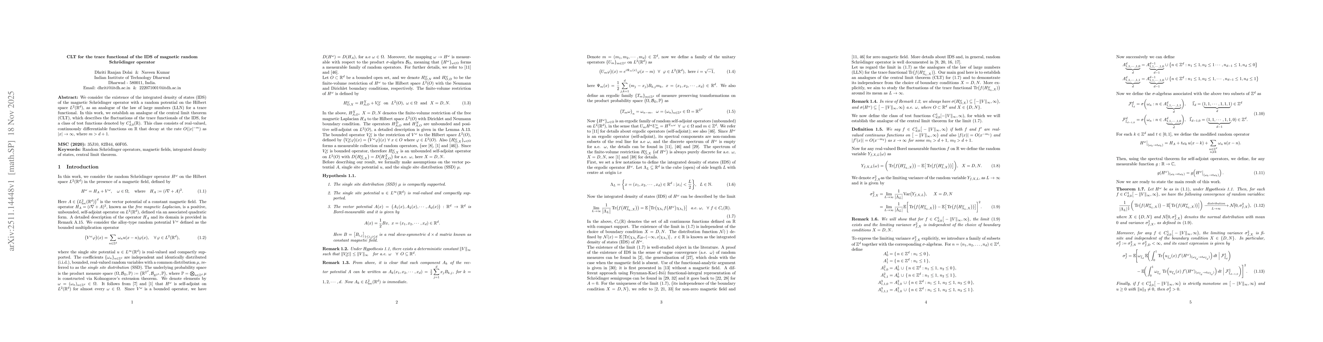 Thumbnail for CLT for the trace functional of the IDS of magnetic random Schrödinger operator