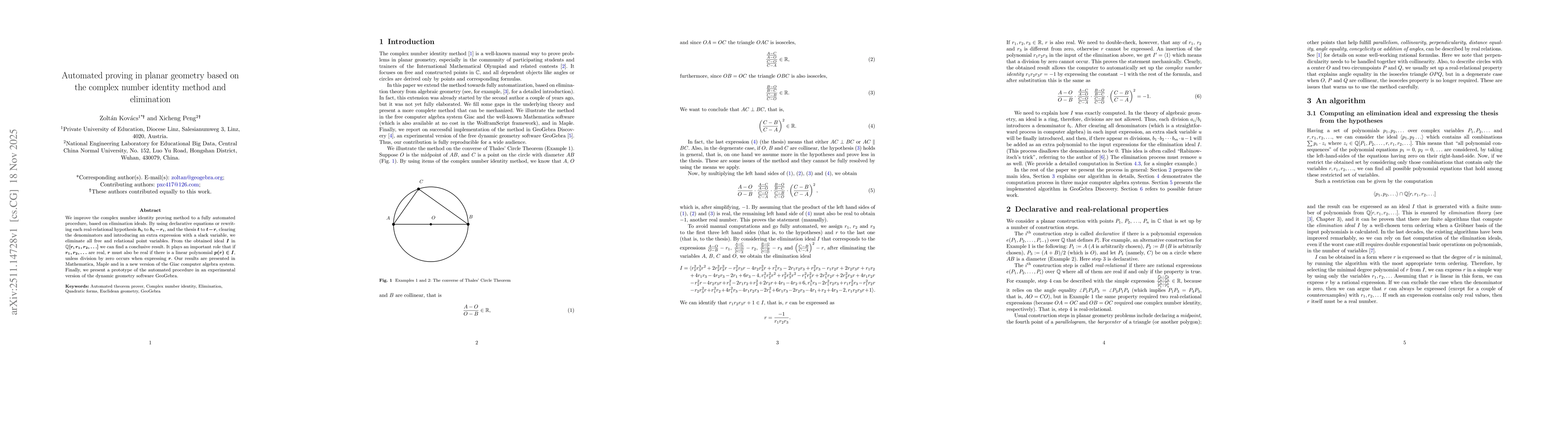 Thumbnail for Automated proving in planar geometry based on the complex number identity method and elimination