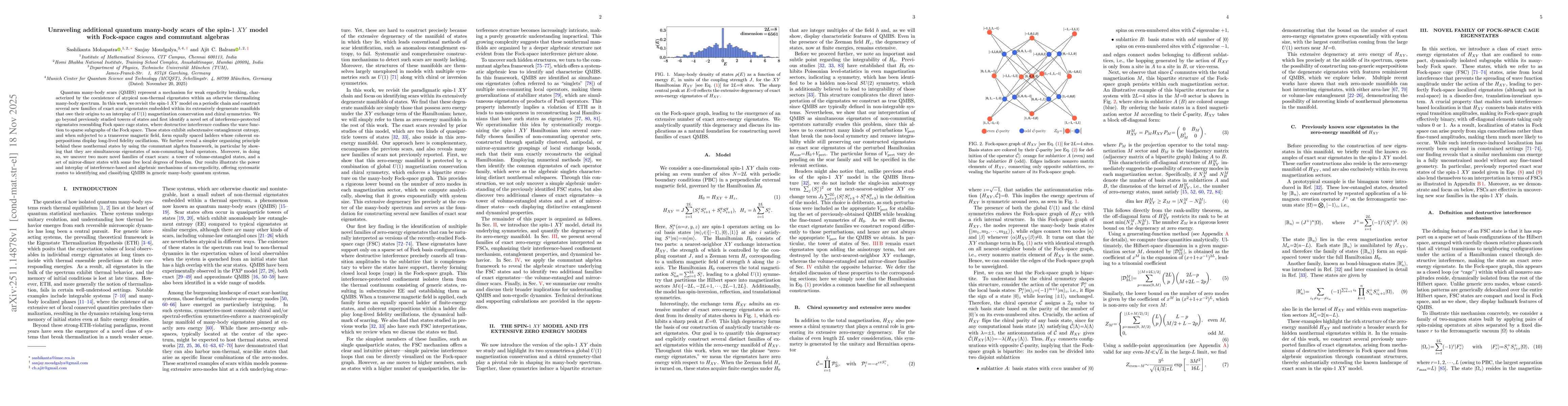 Thumbnail for Unraveling additional quantum many-body scars of the spin-$1$ $XY$ model with Fock-space cages and commutant algebras