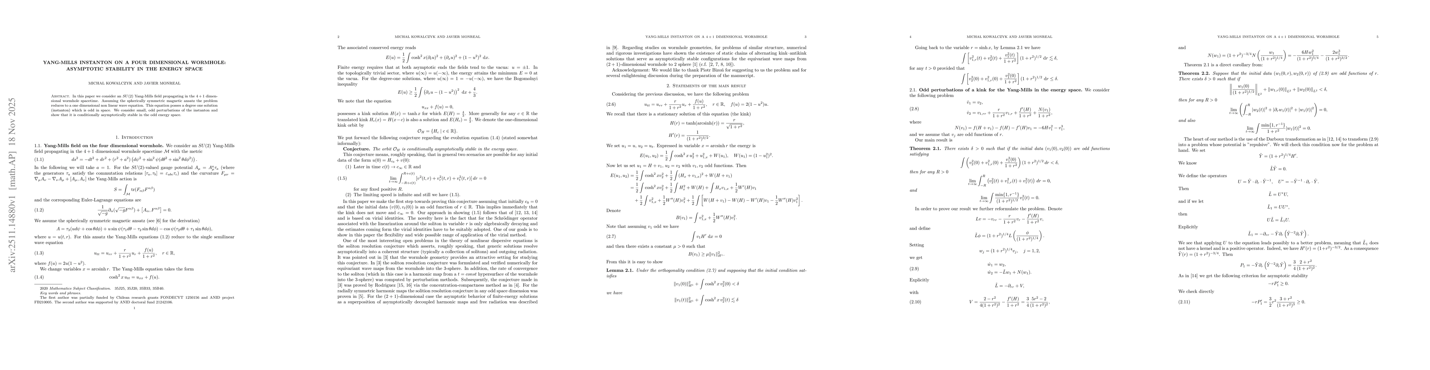 Thumbnail for Yang-Mills instanton on a four dimensional wormhole: asymptotic stability in the energy space