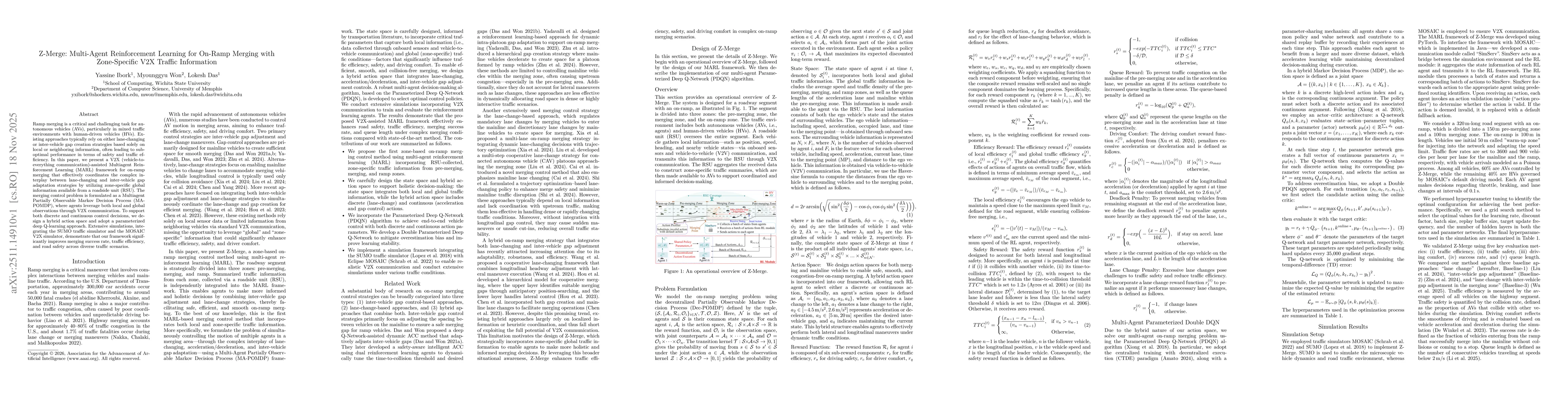 Thumbnail for Z-Merge: Multi-Agent Reinforcement Learning for On-Ramp Merging with Zone-Specific V2X Traffic Information