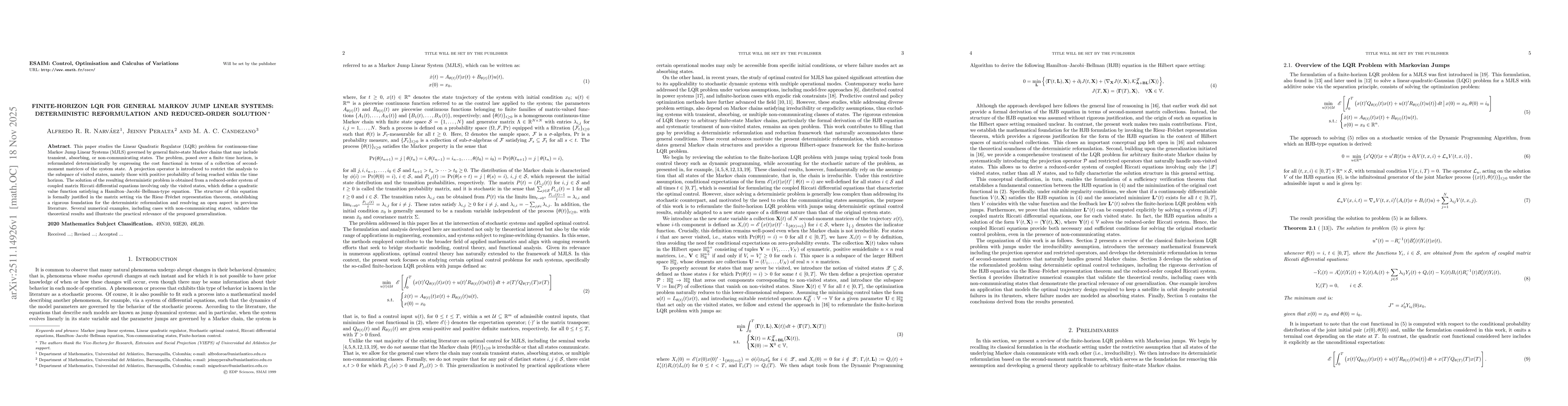 Thumbnail for Finite-Horizon LQR for General Markov Jump Linear Systems: Deterministic Reformulation and Reduced-Order Solution