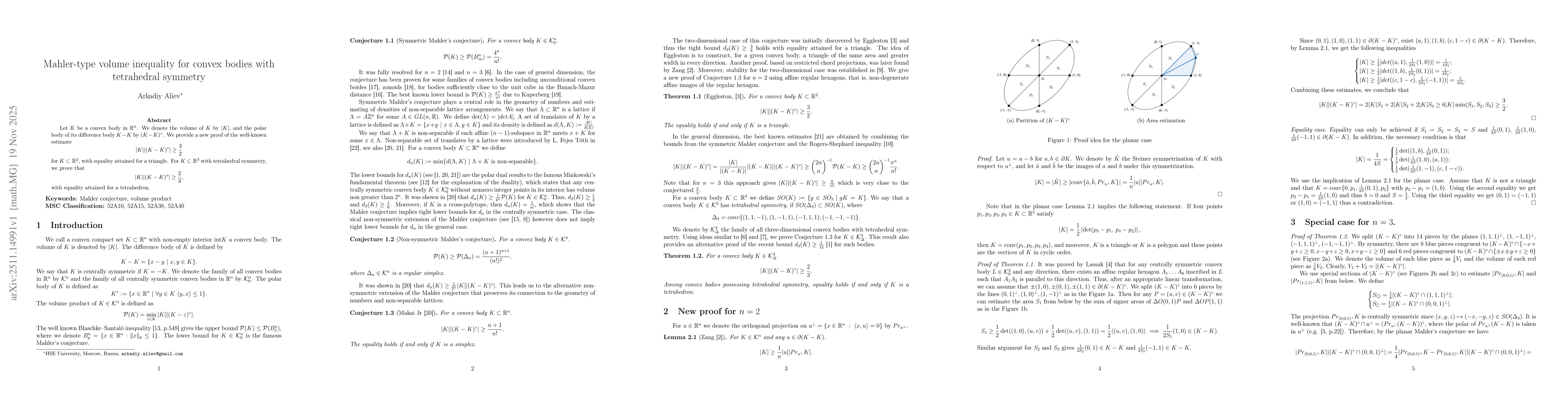 Thumbnail for Mahler-type volume inequality for convex bodies with tetrahedral symmetry