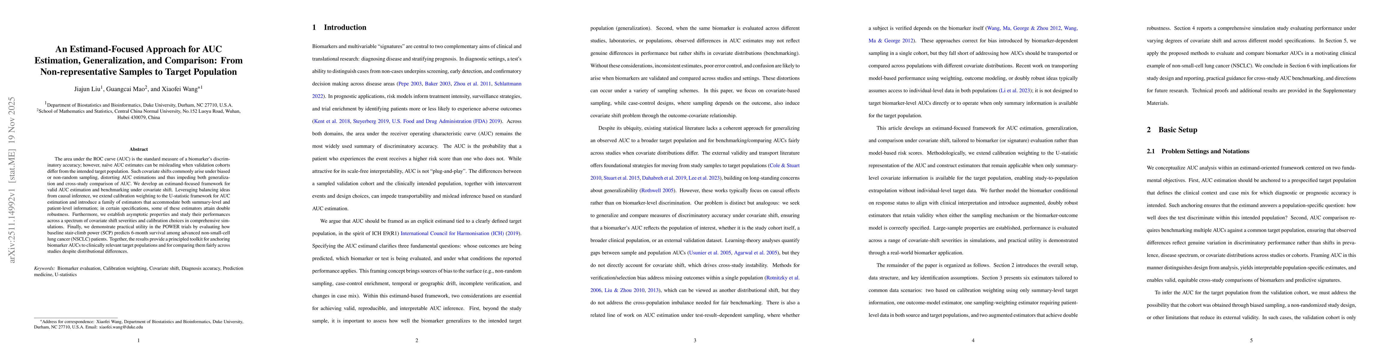 Thumbnail for An Estimand-Focused Approach for AUC Estimation, Generalization, and Comparison: From Non-representative Samples to Target Population