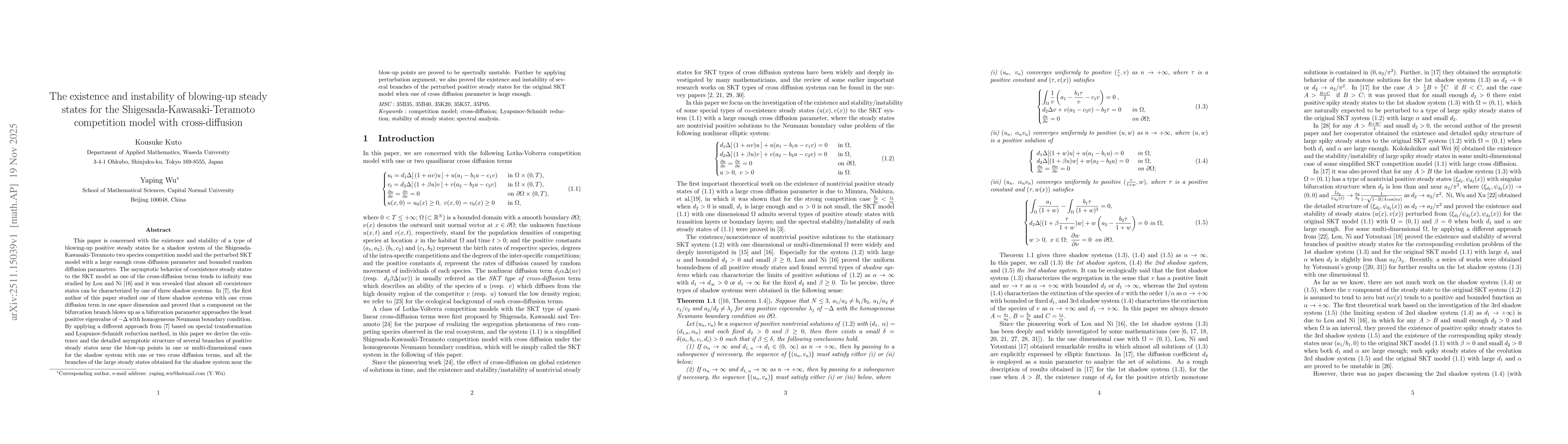 Thumbnail for The existence and instability of blowing-up steady states for the Shigesada-Kawasaki-Teramoto competition model with cross-diffusion