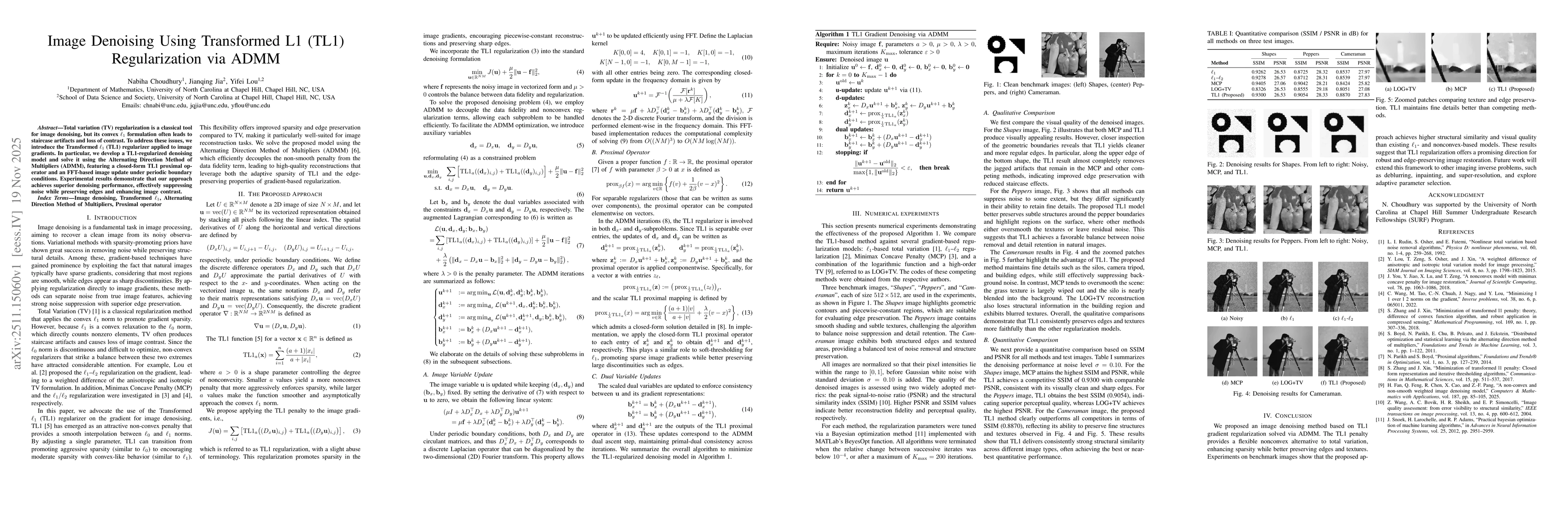 Thumbnail for Image Denoising Using Transformed L1 (TL1) Regularization via ADMM