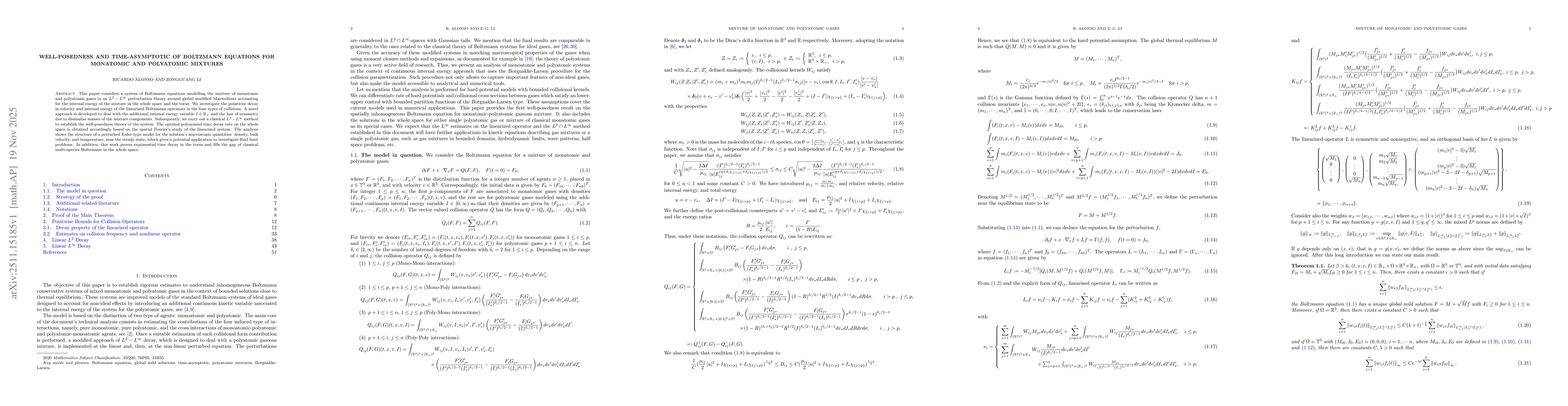 Thumbnail for Well-posedness and time-asymptotic of Boltzmann equations for monatomic and polyatomic mixtures