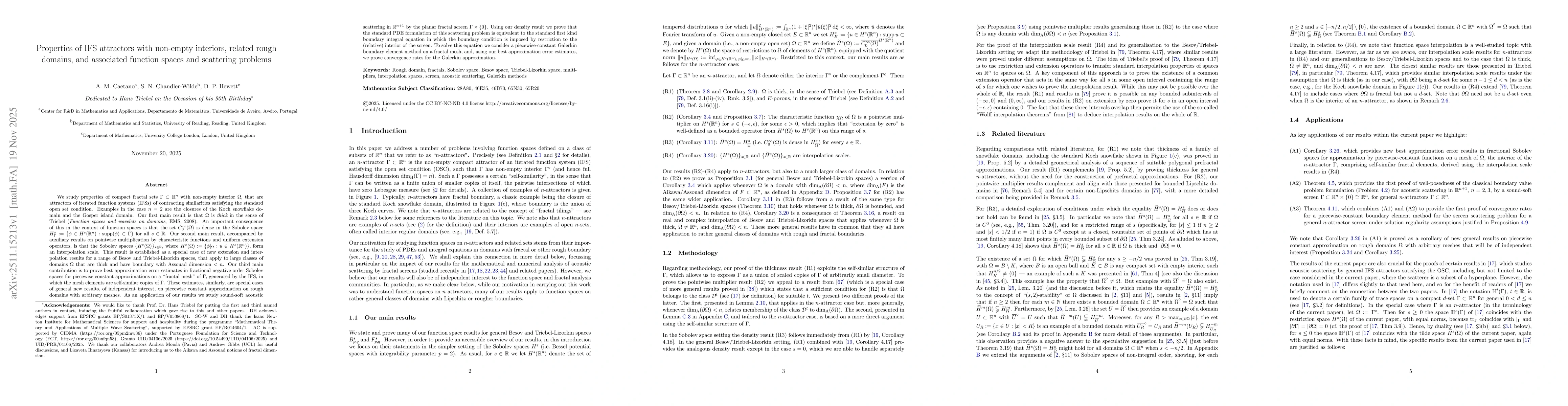 Thumbnail for Properties of IFS attractors with non-empty interiors, related rough domains, and associated function spaces and scattering problems
