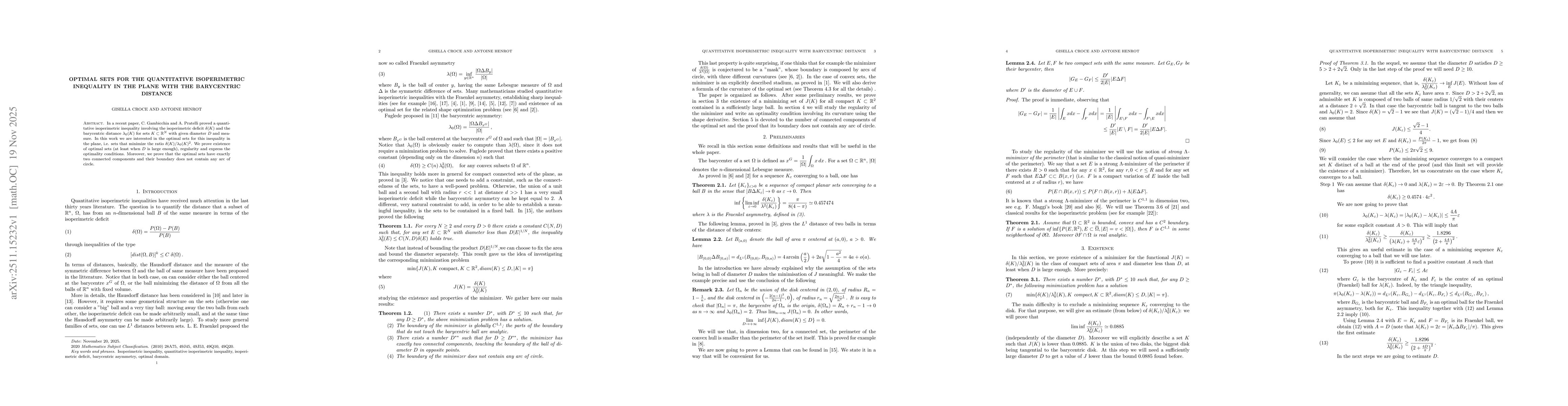 Thumbnail for Optimal sets for the quantitative isoperimetric inequality in the plane with the barycentric distance