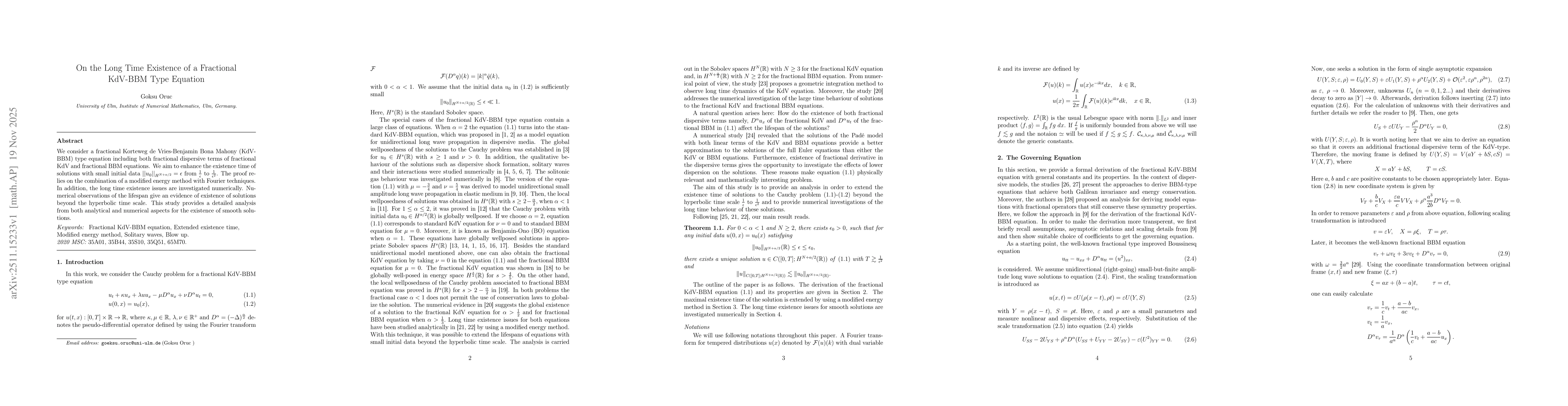 Thumbnail for On the Long Time Existence of a Fractional KdV-BBM Type Equation
