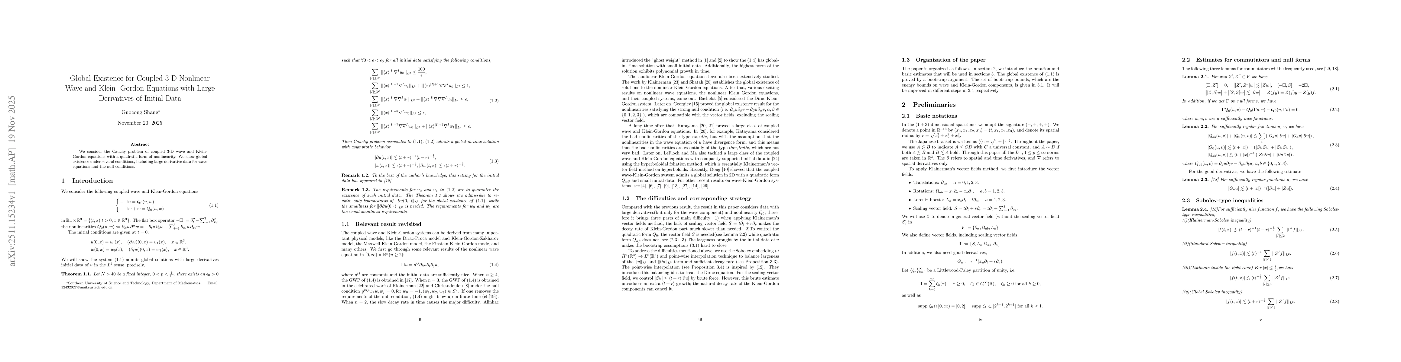 Thumbnail for Global Existence for Coupled 3-D Nonlinear Wave and Klein-Gordon Equations with Large Derivatives of Initial Data