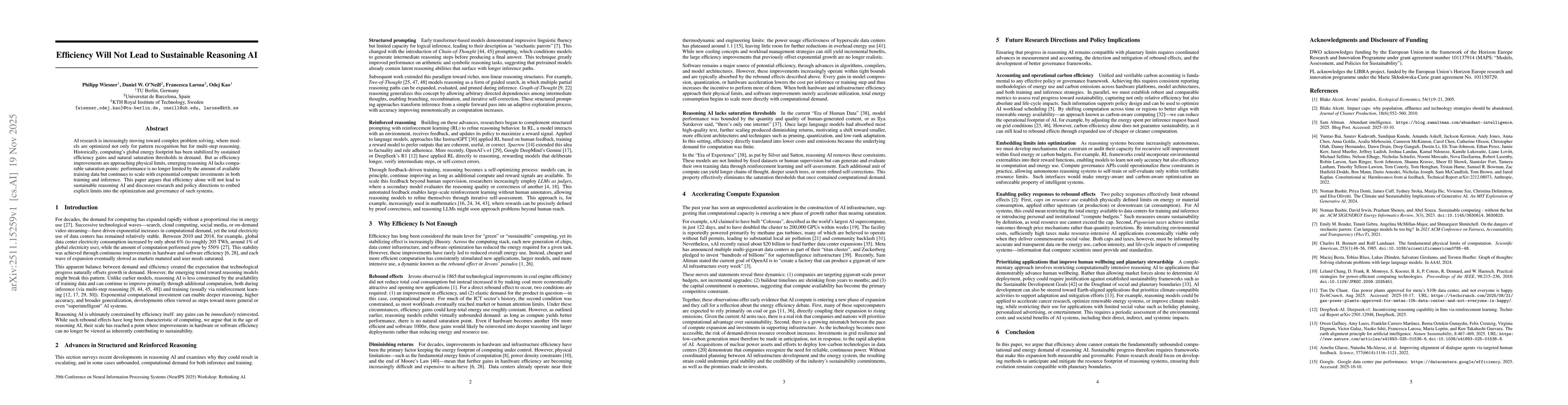 Thumbnail for Efficiency Will Not Lead to Sustainable Reasoning AI