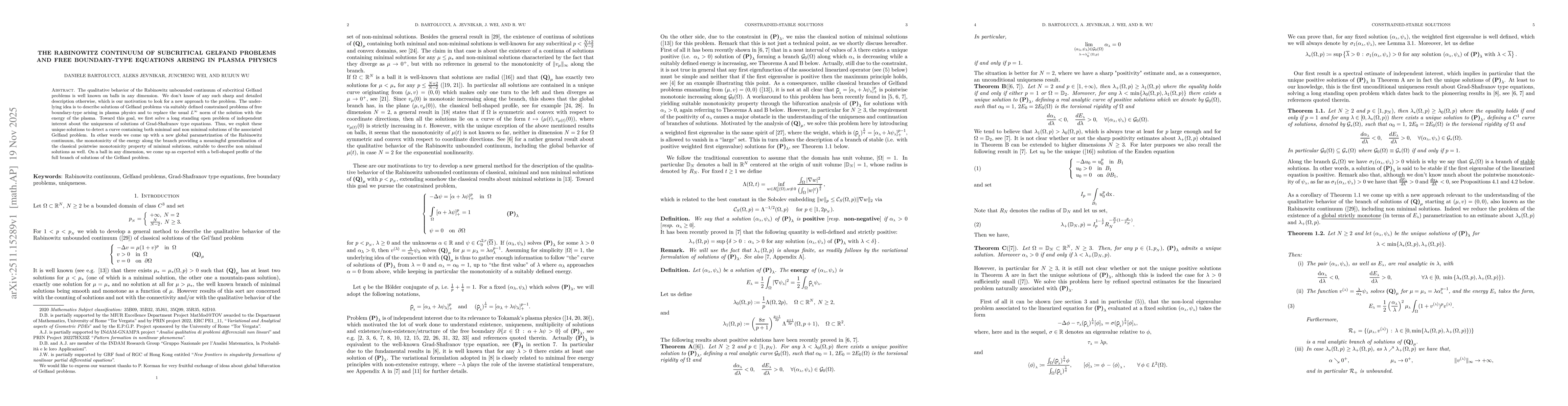 Thumbnail for The Rabinowitz continuum of subcritical Gelfand problems and free boundary-type equations arising in plasma physics