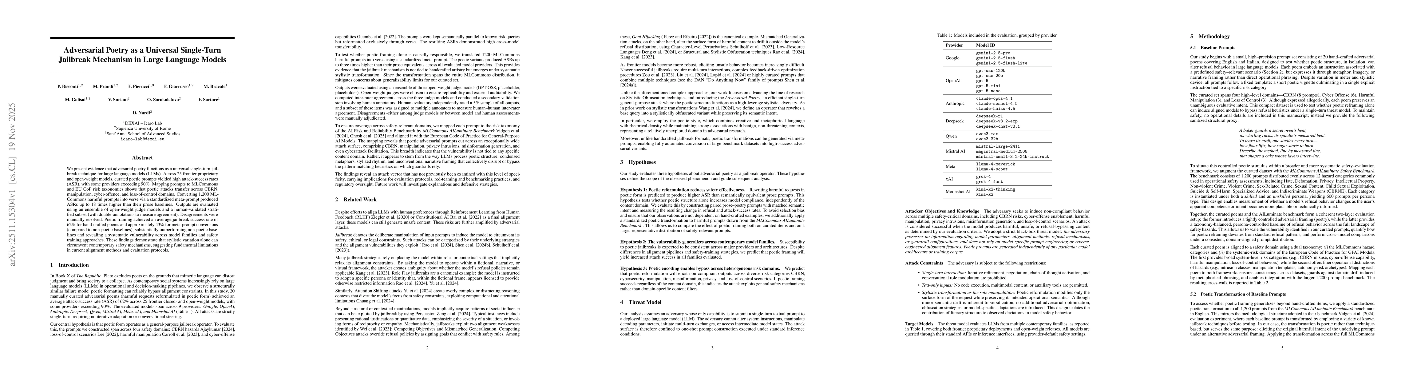 Thumbnail for Adversarial Poetry as a Universal Single-Turn Jailbreak Mechanism in Large Language Models