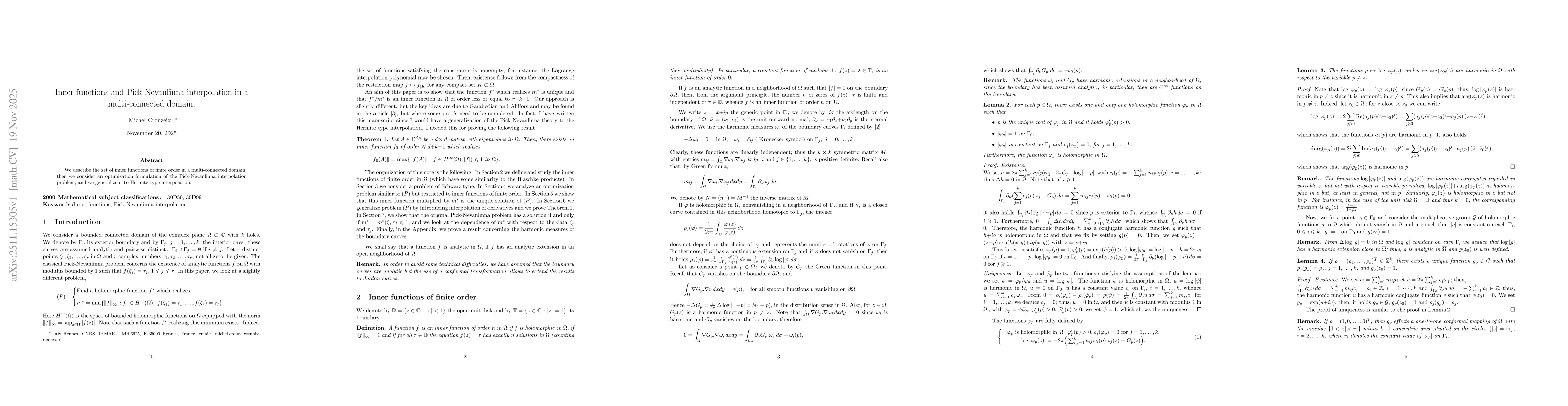 Thumbnail for Inner functions and Pick-Nevanlinna interpolation in a multi-connected domain