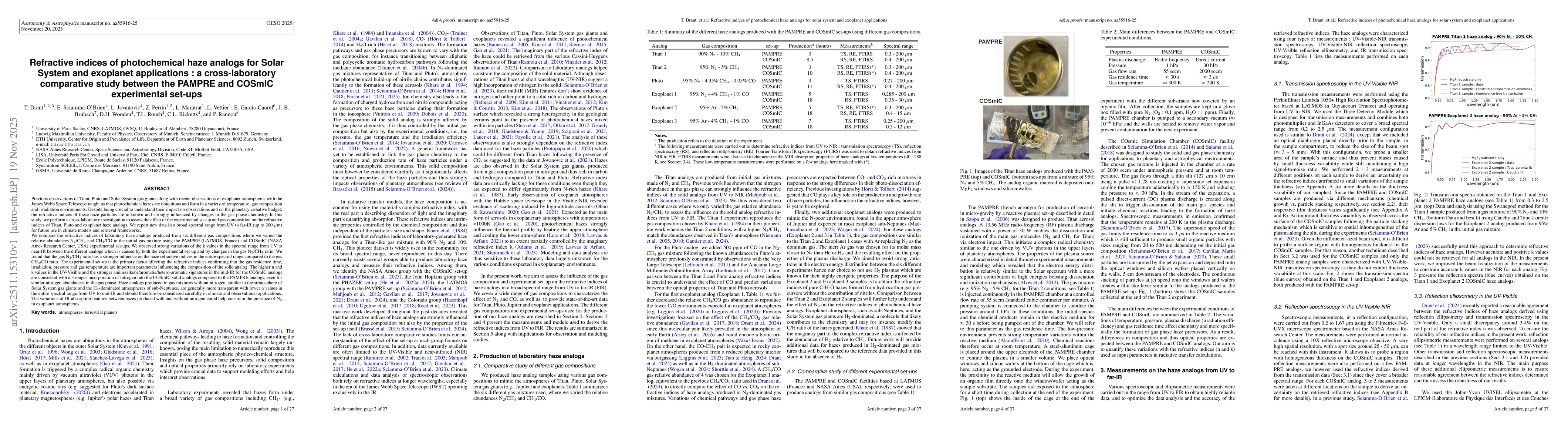 Thumbnail for Refractive indices of photochemical haze analogs for Solar System and exoplanet applications : a cross-laboratory comparative study between the PAMPRE and COSmIC experimental set-ups