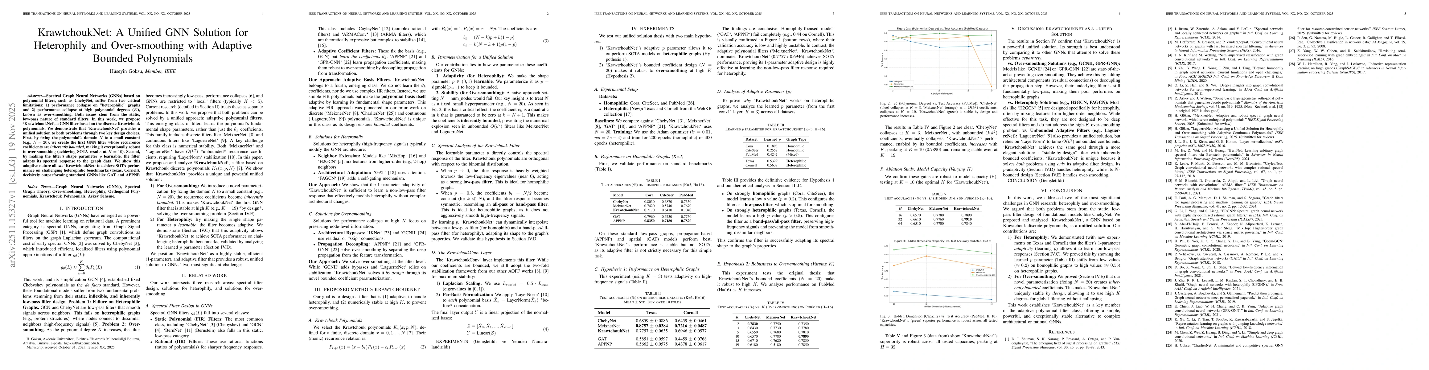 Thumbnail for KrawtchoukNet: A Unified GNN Solution for Heterophily and Over-smoothing with Adaptive Bounded Polynomials