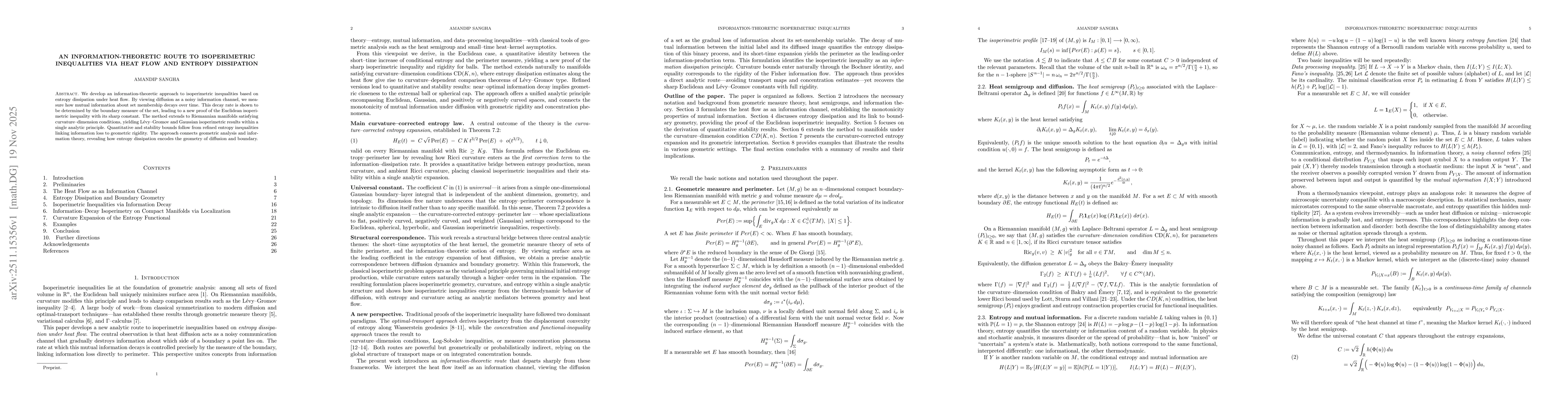 Thumbnail for An Information-Theoretic Route to Isoperimetric Inequalities via Heat Flow and Entropy Dissipation