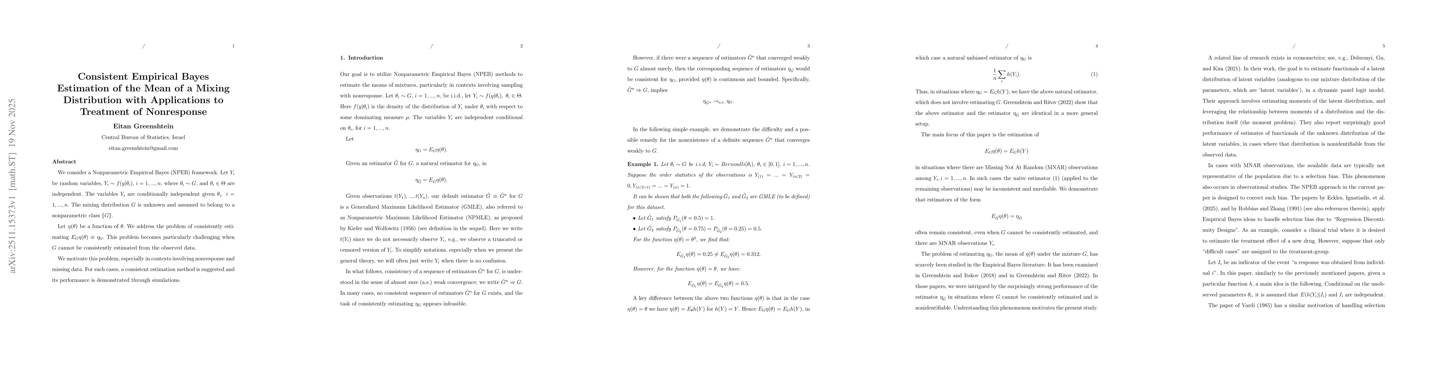 Thumbnail for Consistent Empirical Bayes Estimation of the Mean of a Mixing Distribution with Applications to Treatment of Nonresponse
