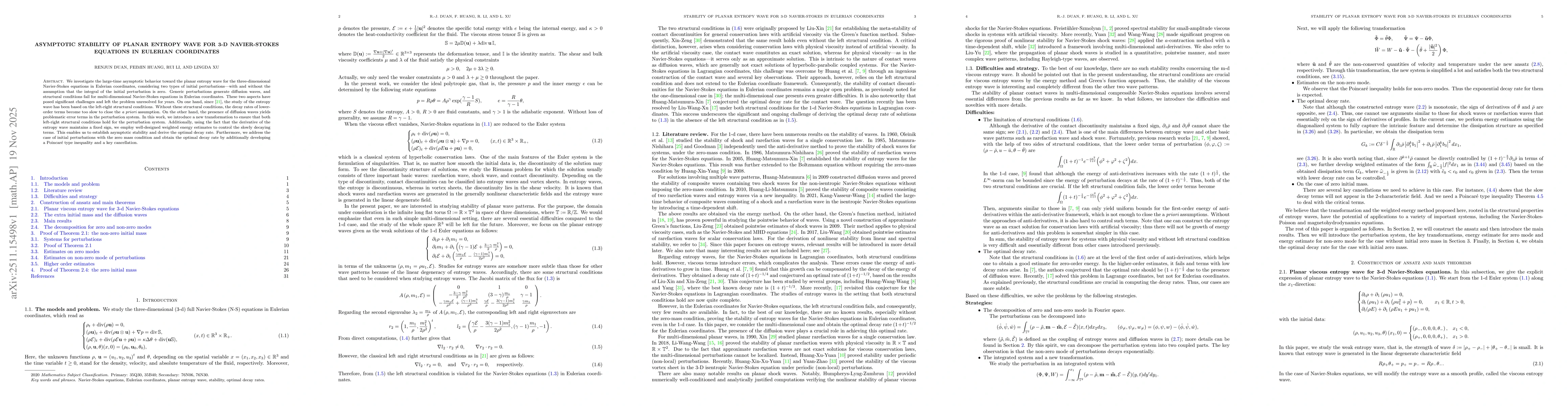 Thumbnail for Asymptotic stability of planar entropy wave for 3-d Navier-Stokes equations in Eulerian coordinates