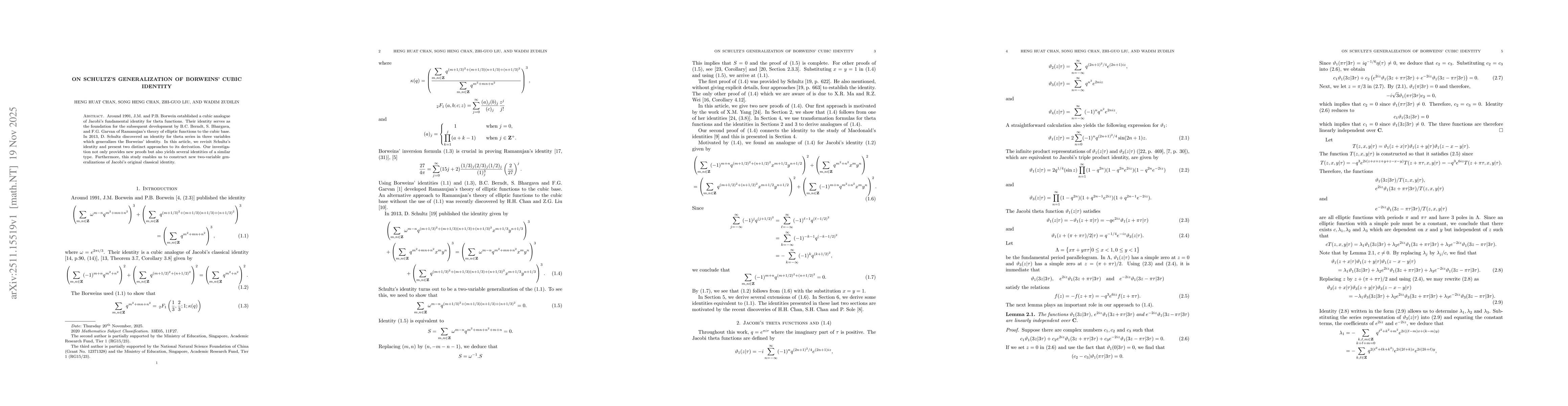 Thumbnail for On Schultz's generalization of Borweins' cubic identity