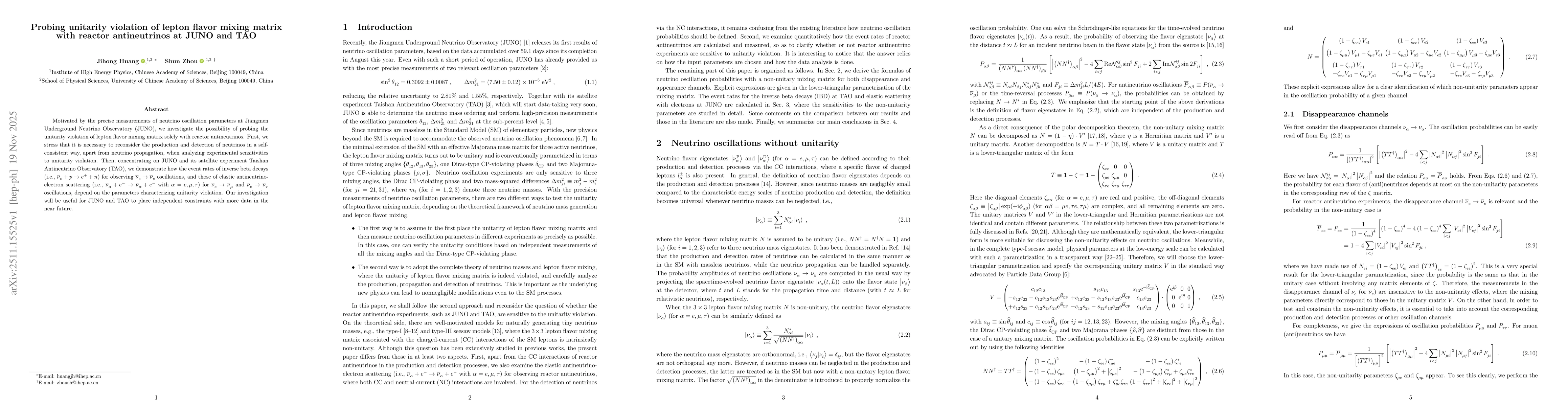 Thumbnail for Probing unitarity violation of lepton flavor mixing matrix with reactor antineutrinos at JUNO and TAO