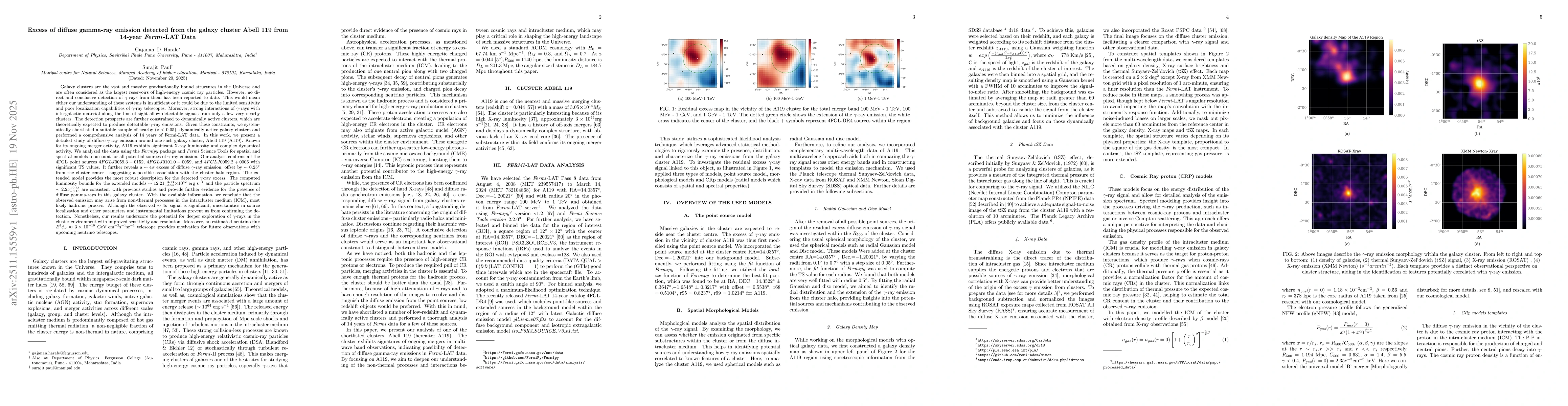 Thumbnail for Excess of diffuse gamma-ray emission detected from the galaxy cluster Abell 119 from 14-year Fermi-LAT Data