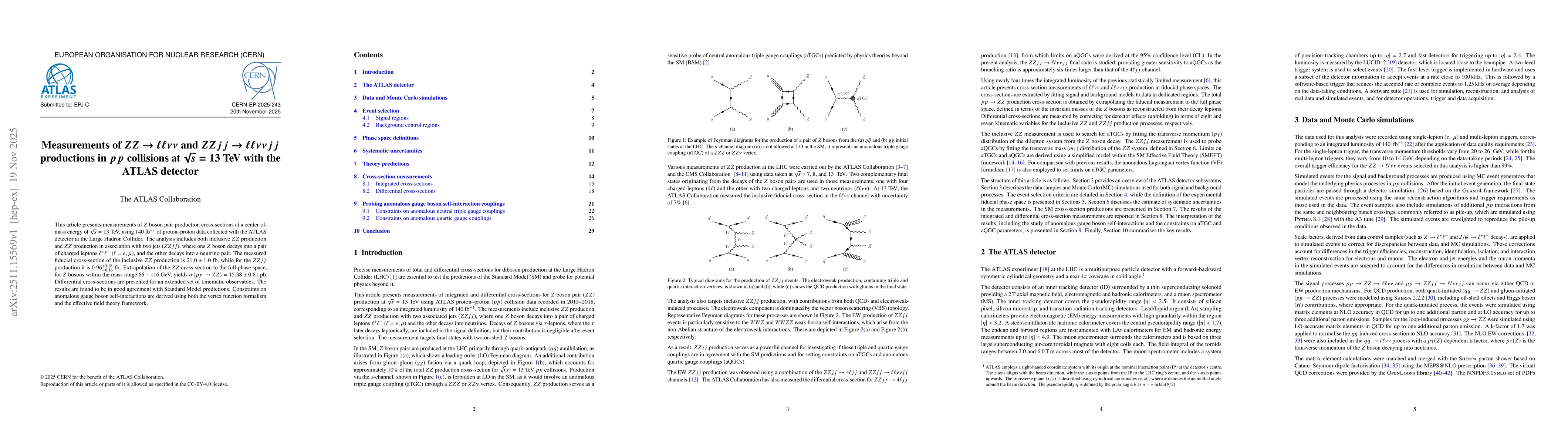 Thumbnail for Measurements of $ZZ \rightarrow \ell\ellνν$ and $ZZjj \rightarrow \ell\ellννjj$ productions in $pp$ collisions at $\sqrt{s}=13$ TeV with the ATLAS detector