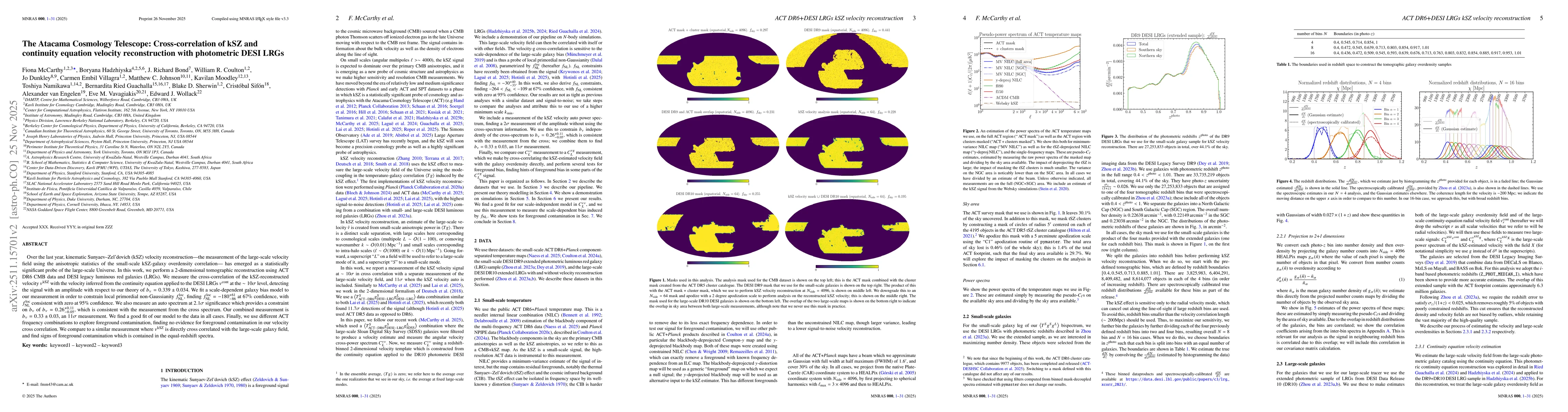 Thumbnail for The Atacama Cosmology Telescope: Cross-correlation of kSZ and continuity equation velocity reconstruction with photometric DESI LRGs