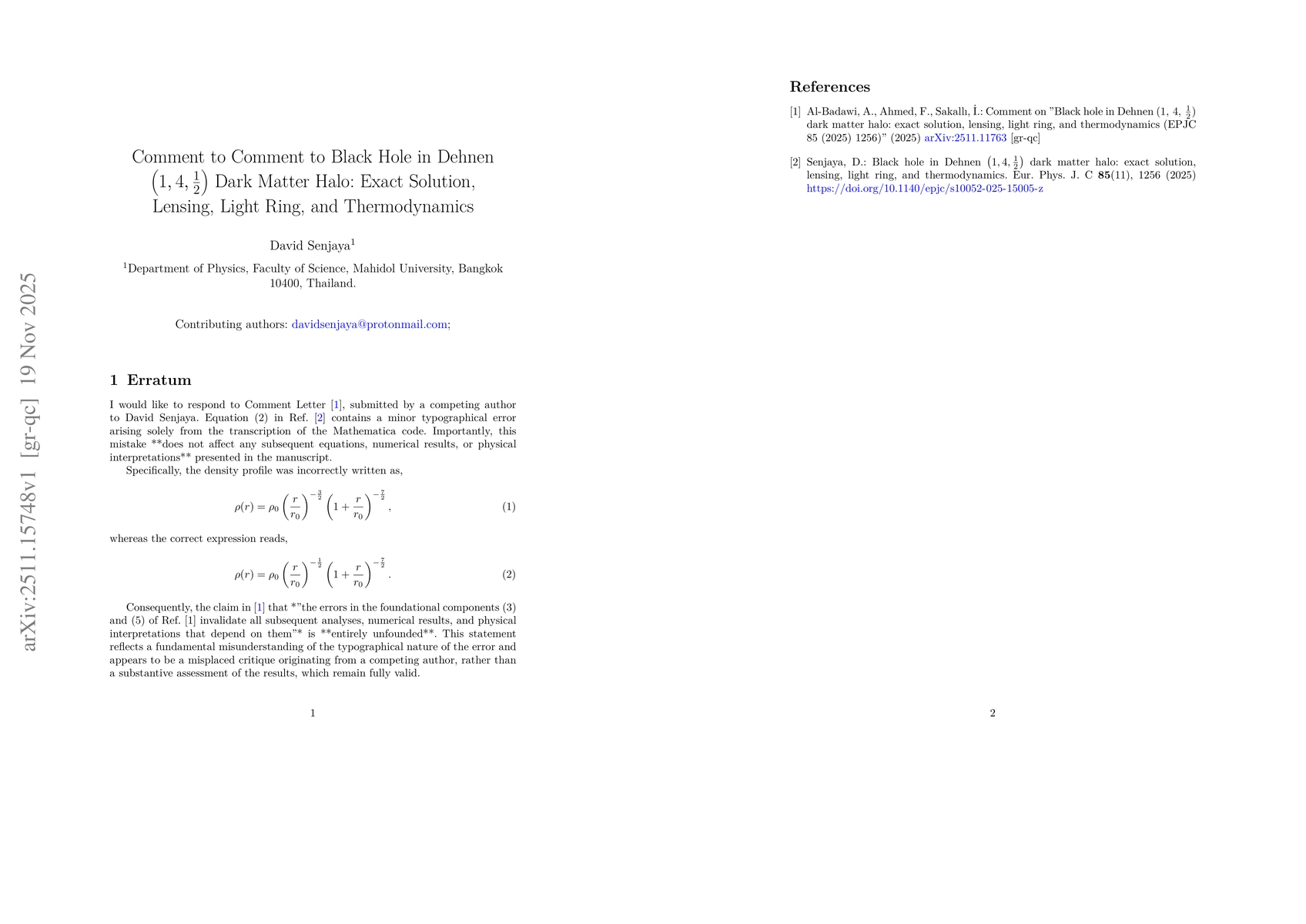 Thumbnail for Comment to Comment to Black Hole in Dehnen $\left(1,4,\frac{1}{2}\right)$ Dark Matter Halo: Exact Solution, Lensing, Light Ring, and Thermodynamics