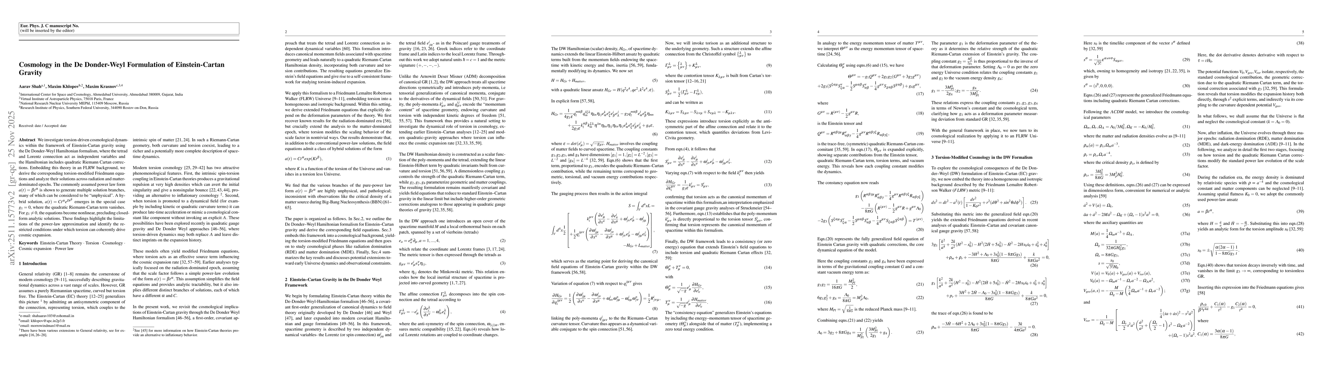 Thumbnail for Cosmology in the De Donder-Weyl Formulation of Einstein-Cartan Gravity