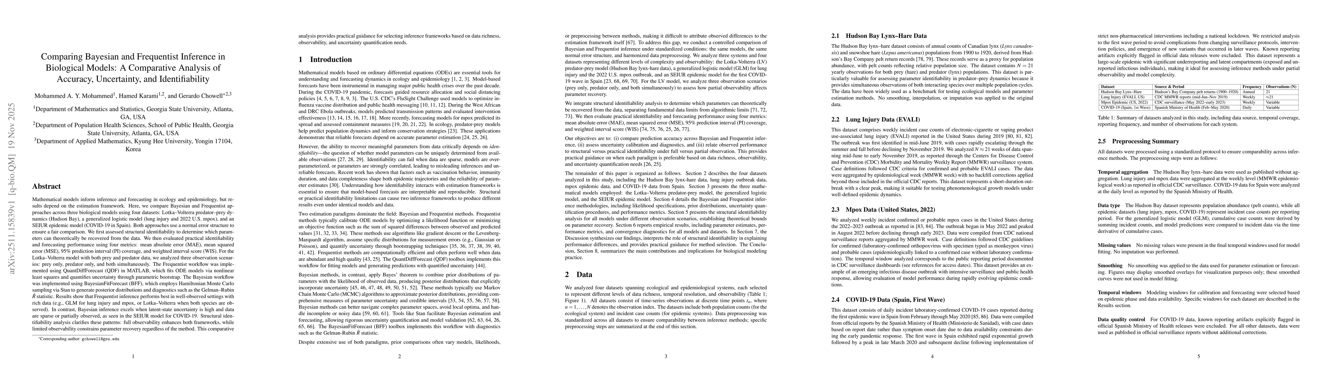 Thumbnail for Comparing Bayesian and Frequentist Inference in Biological Models: A Comparative Analysis of Accuracy, Uncertainty, and Identifiability