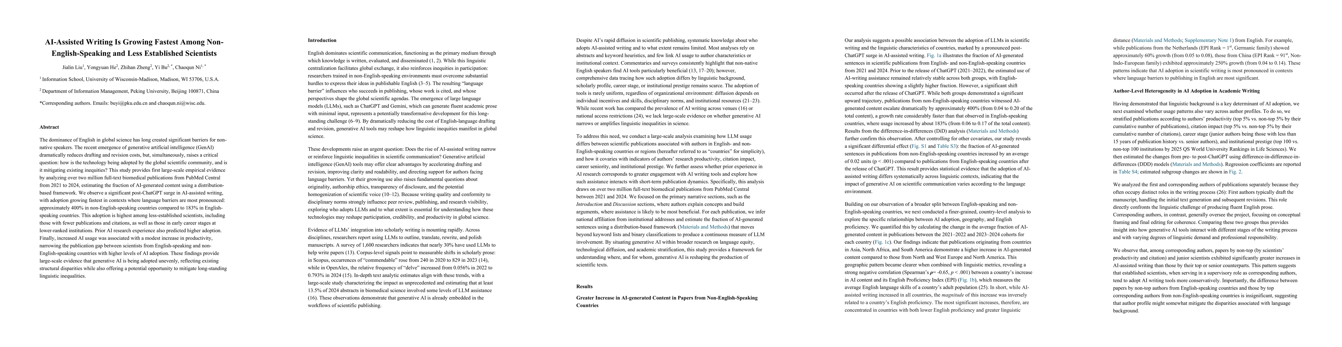 Thumbnail for AI-Assisted Writing Is Growing Fastest Among Non-English-Speaking and Less Established Scientists