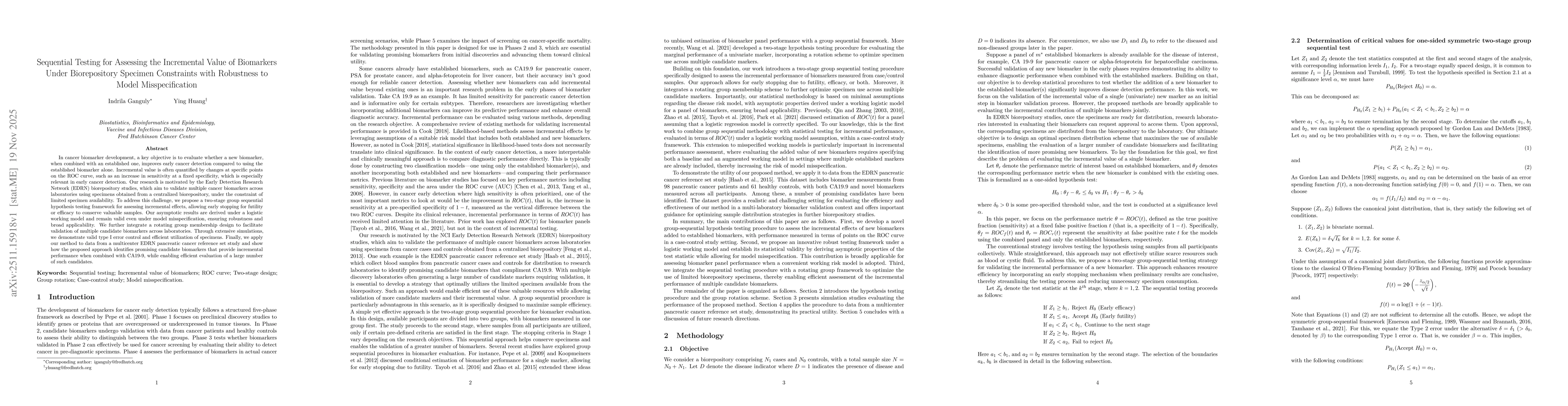 Thumbnail for Sequential Testing for Assessing the Incremental Value of Biomarkers Under Biorepository Specimen Constraints with Robustness to Model Misspecification